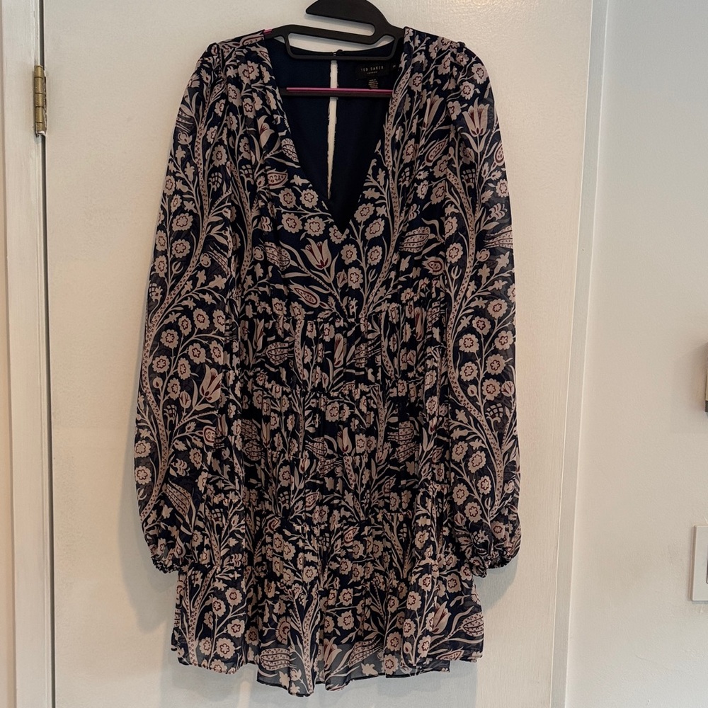 Ted Baker Floral Tiered V-Neck Balloon Sleeve Dress SZ 2